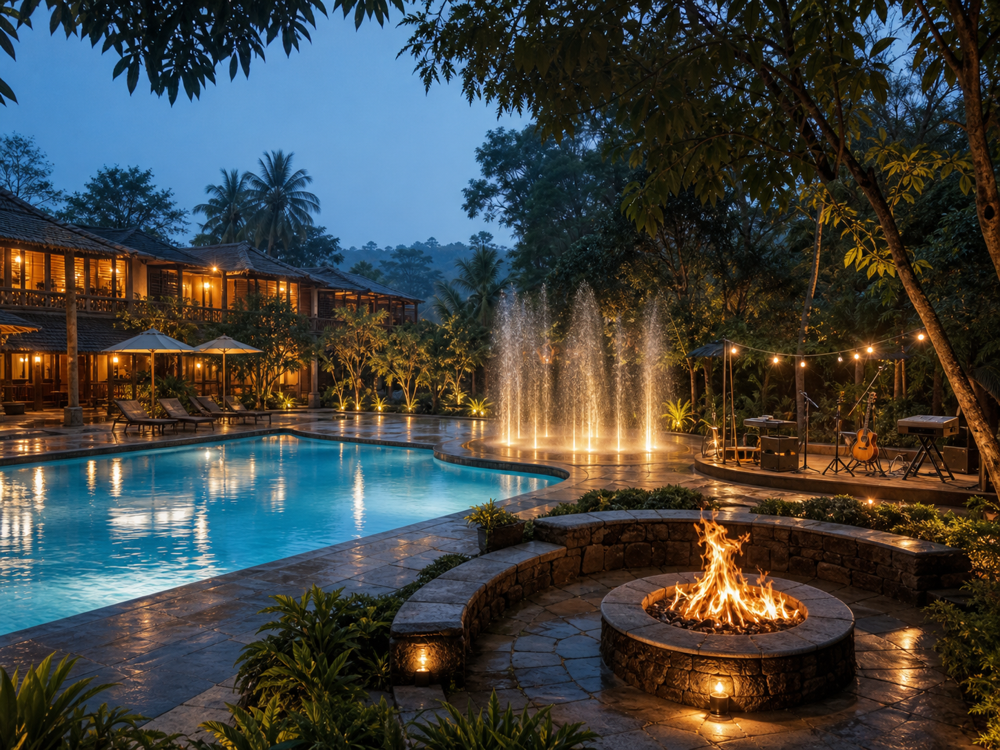 Illuminated resort pool, rain dance fountains and bonfire at blue hour