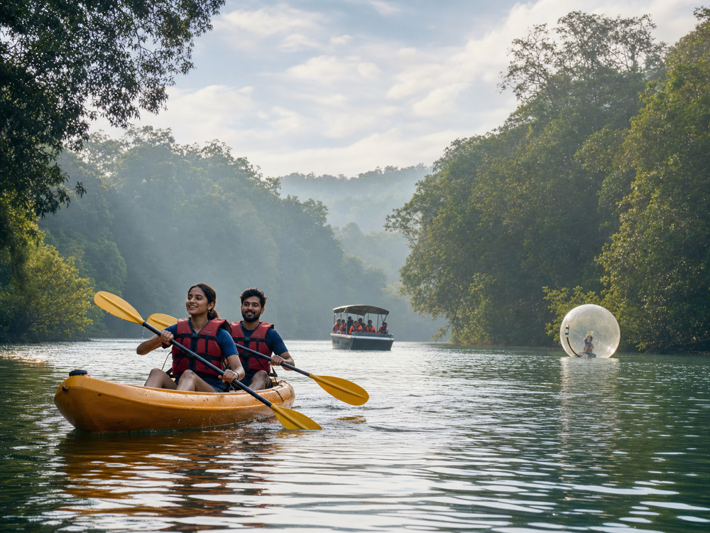 Guests kayaking with boating and zorbing on the Kali river