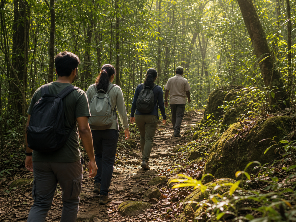 Guided group trekking through a sunlit Dandeli forest trail