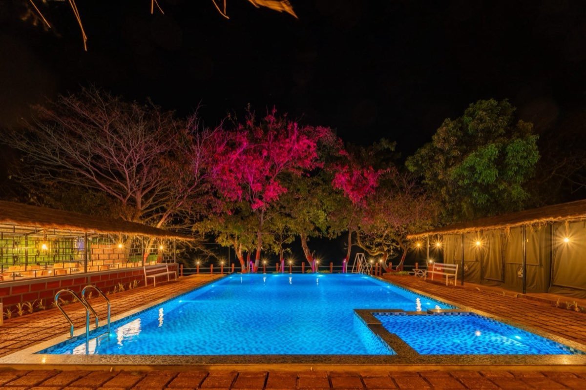 Swimming pool lit up at night